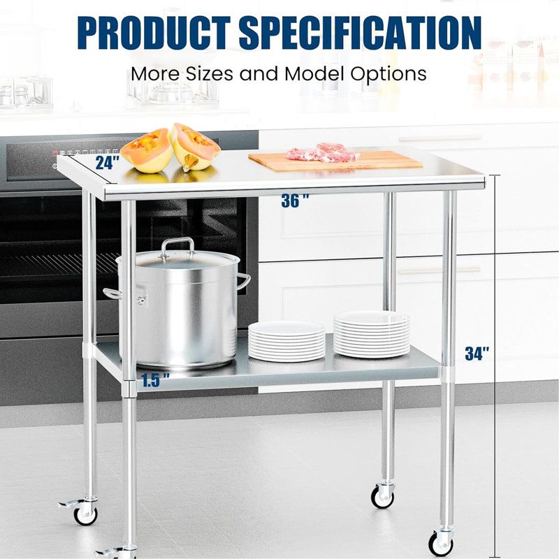 24 X 36 Inches Stainless Steel Metal Table - Galvanized Undershelf, Adjustable For Storage, 360 Swivel With Brakes, Suitable Restaurant And Patio Design, Commercial Kitchen Workshop