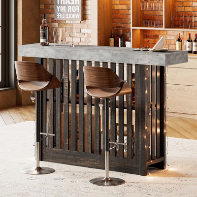 Modern 63-Inch Industrial Bar Table with 2-Tier Storage – Counter Height Pub Table for Restaurant, Bistro, or Home – Robust Design, Spacious Storage – Color: Cement Gray & Walnut