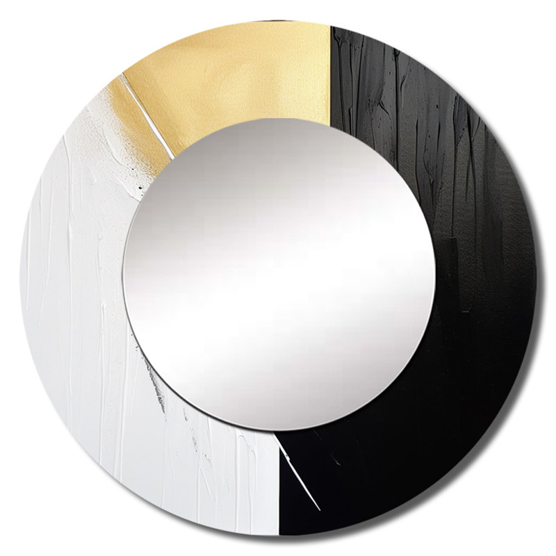 Minimal Joy en noir et or IV - miroir décoratif peinture abstraite, miroir mural rond moderne, impression d'art en métal