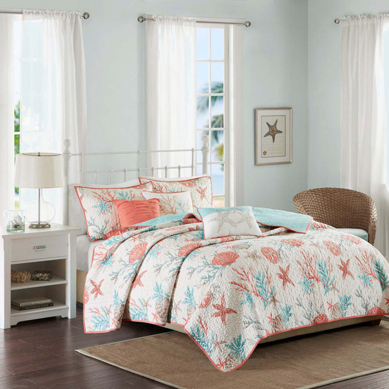 6 Piece Cotton Sateen Quilt Set With Throw Pillows, Full Quilt + 2 Standard Pillow Shams, Coral