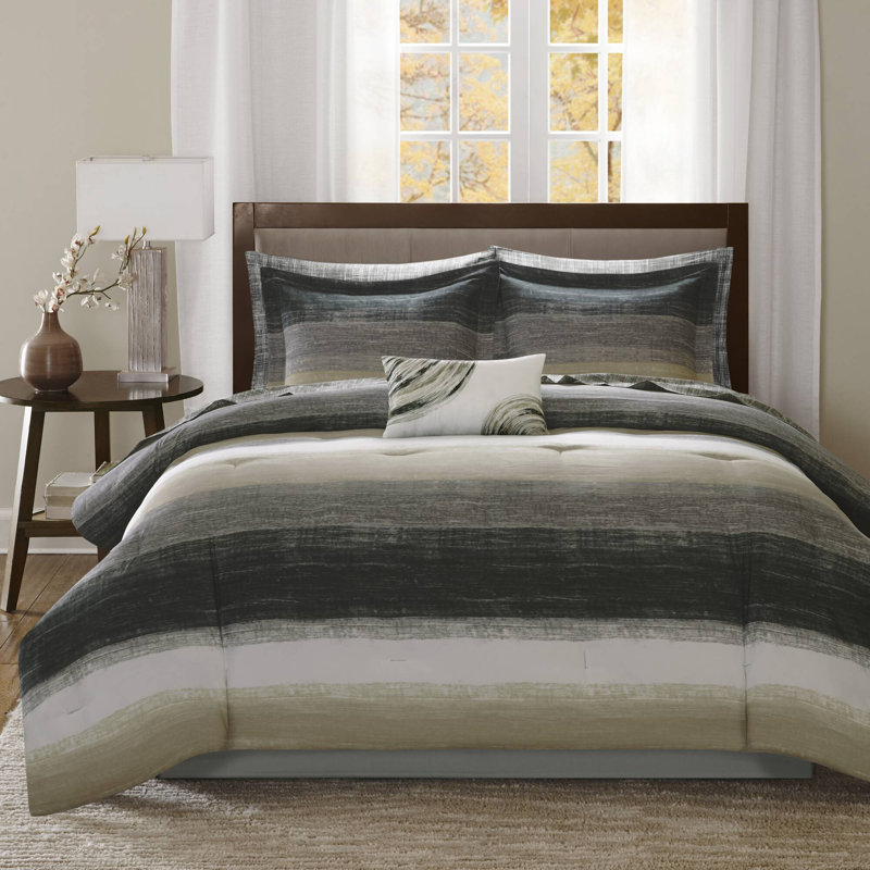 Saben Striped Comforter Set with Cotton Bed Sheets, Twin Comforter + 6 Additional Pieces, Taupe