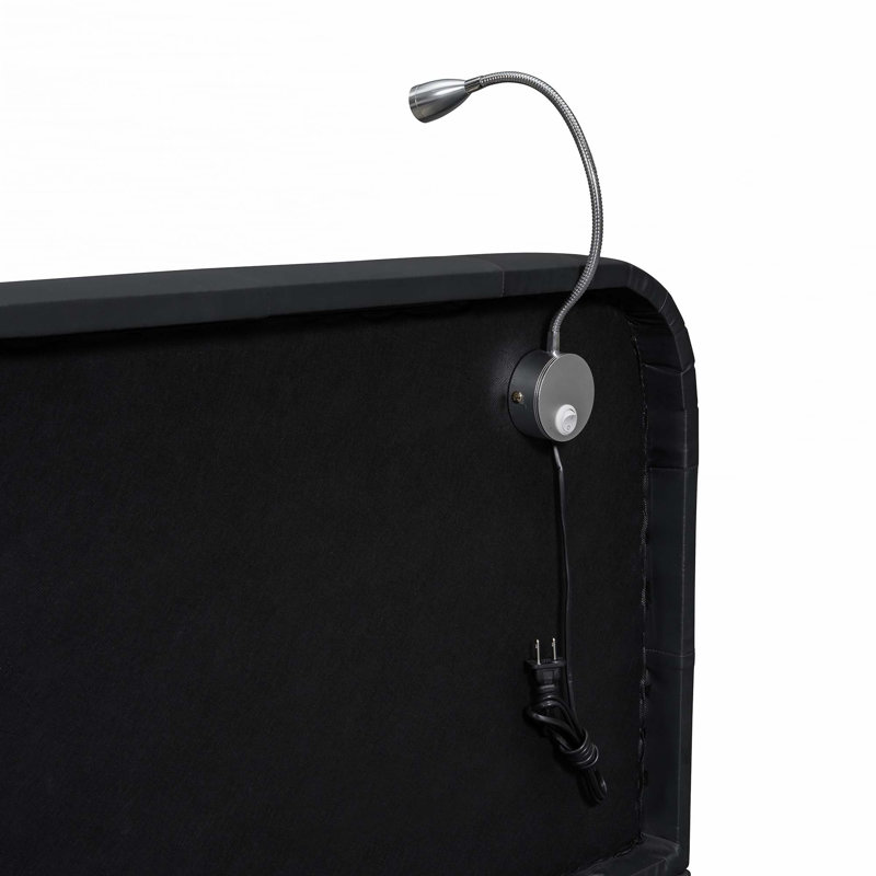 Lit plateforme tapissier avec 2 lampes de lecture et tête de lit ergonomique, Noir, noir, noir, noir