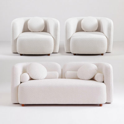 Ensemble de canapés en bouclette blanche, causeuse et fauteuils de style Japandi moderne