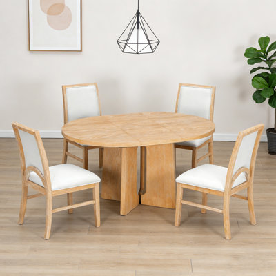 Solid Wood Round Dining Table Set For 4, 16Inch Extendable Kitchen Set With 4 Upholstered Chairs (Dining/Living Room)