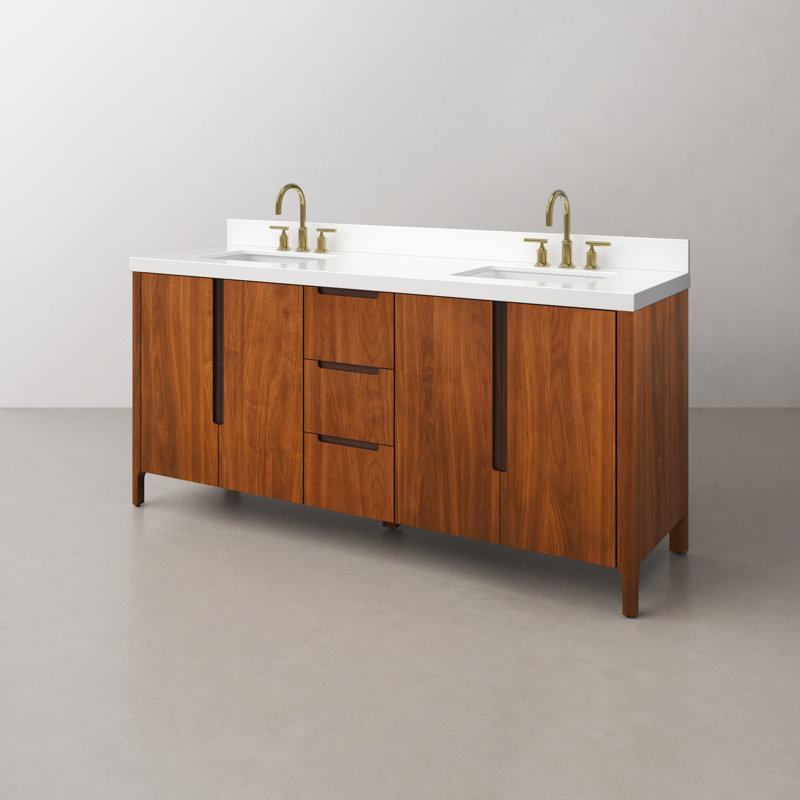 Sequoia 72 In. Double Sink Whitebrook Quartz Countertop Bath Vanity in Mango Wood With Chrome Faucet, Mango Wood, Gold