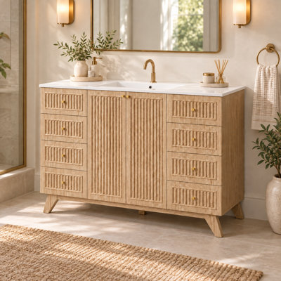 47.56" Fluted Bathroom Vanity with SMC Sink, Freestanding Single Sink Vanity Cabinet with 8 Drawers, 2 Soft-Close Doors & Gold Handles, Natural Wood
