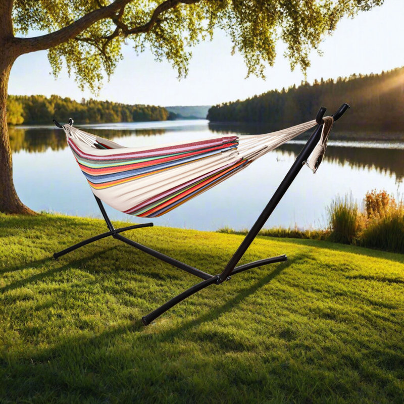 Hamac double Lazy Daze avec support en acier, coussin et sac de transport - rayé 9 pi, Multicolore