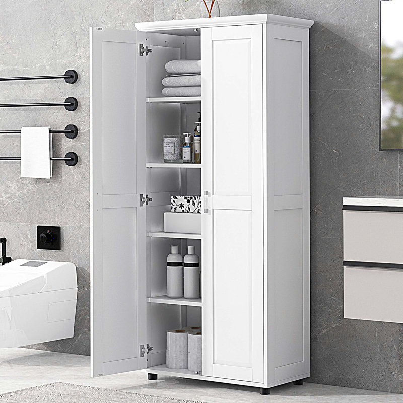 Armoire de rangement avec deux portes pour salle de bain, bureau, tablette réglable, panneau de fibres à densité moyenne, blanc