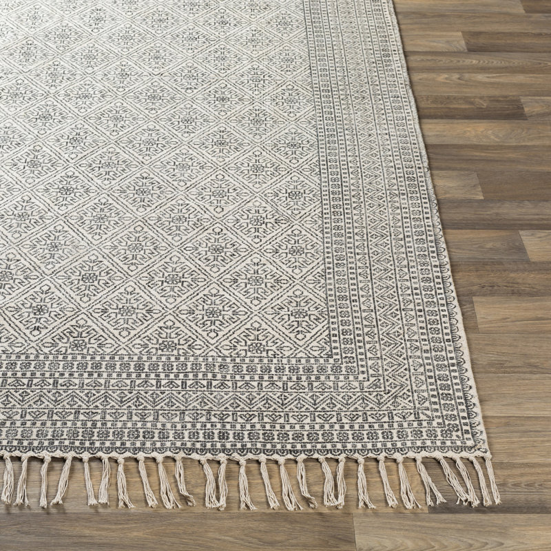 Tapis en coton noir et kaki en coton tissé à la main Janette, Rectangle 2 pi x 3 pi