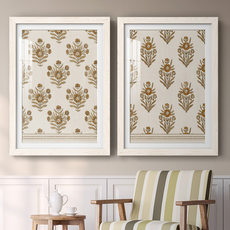 «Block Print Blooms I», reproduction de cadre photo sur toile 2 pièces, Blanc, H 27,5 po x l 75 po x P 1,5 po
