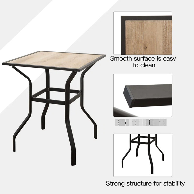 Table de salle à manger carrée en métal avec dessus en bois d'aspect bois pour terrasse et plateau en faux bois