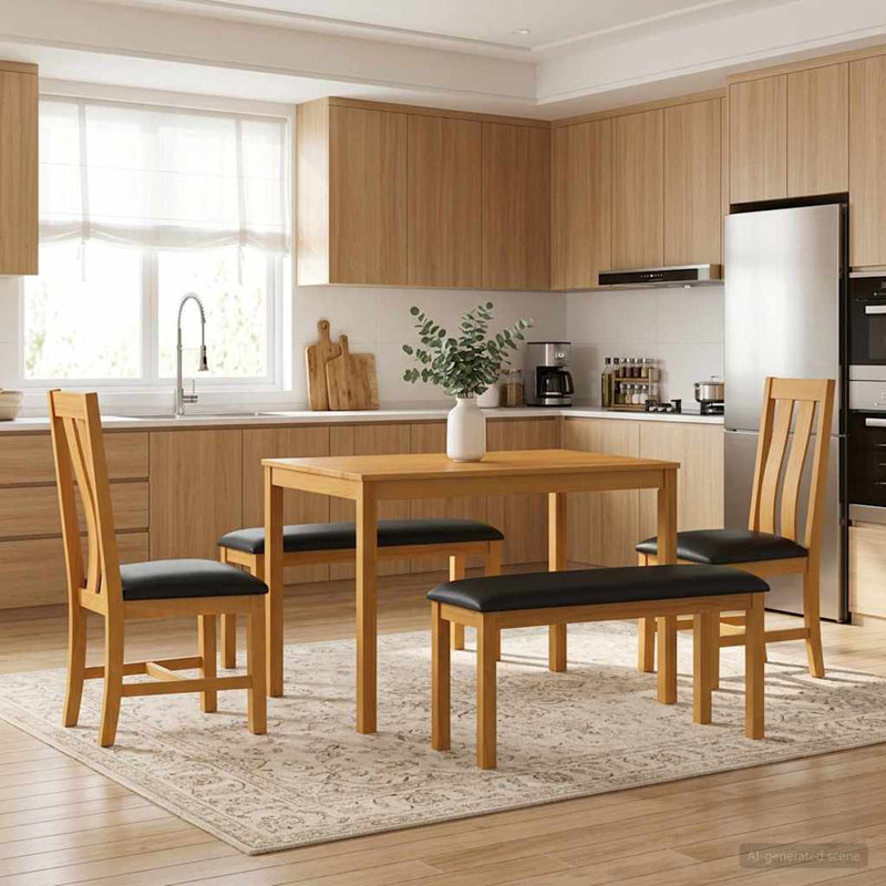 Oak Solid Wood Dining Set, Beige, Beige, Beige, Beige, 5