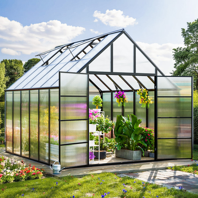 12X10 FT Walk-In Polycarbonate Greenhouse With Aluminum Frame, Lockable Door & Ventilation Window, Green House For Outdoors 
