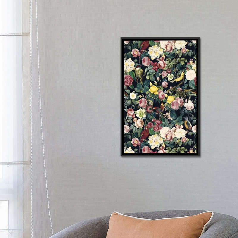Fleurs et oiseau, impression sur toile tendue, H 26 po x l 18 po x P 1,5 po, Toile avec cadre flottant noir, Pas de tapis