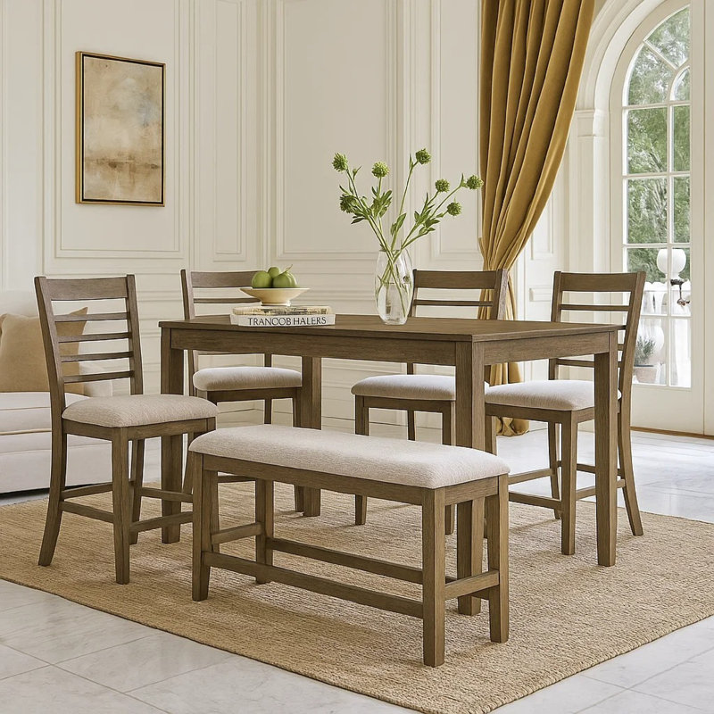 Emy 6Pc Counter Height Table Set, 4 White Chairs, Bench, Light Brown