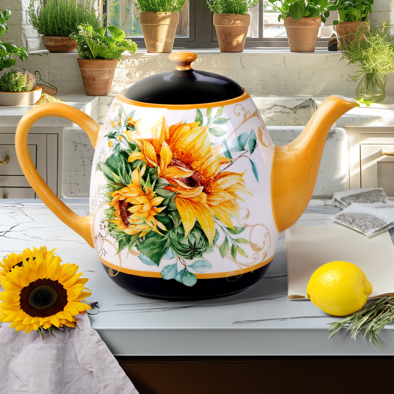 Sunflower Fields Ceramic Teapot with Colorful Blooms