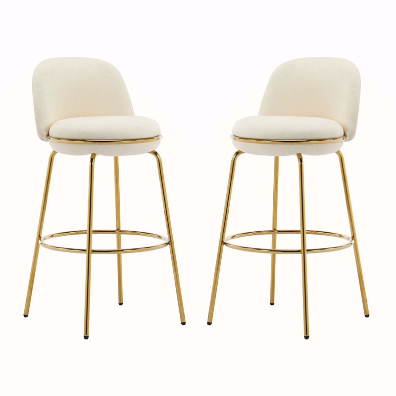 Ensemble de 2 tabourets de bar d'intérieur revêtus de métal, structure et finition dorées, Beige