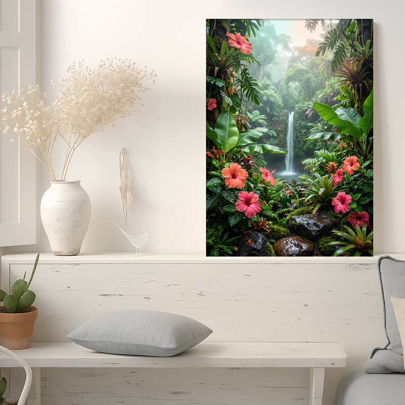 Art mural sur toile Misty Waterfall in Lush Green Jungle, H 40 po x l 28 po