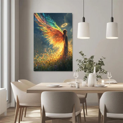 1Pc Framed Canvas Poster Print Angel Girl, Rainbow Wings, Dreamy Light and Shadow Style Wall Art Decor, Perfect for Room Decor Living Room Bedroom Off