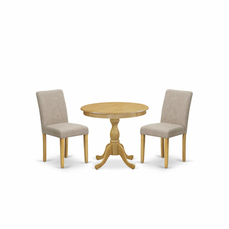 3 Piece Dining Set Contains a Round Kitchen Table with Pedestal and 2 Light Tan Linen Fabric Parson Dining Room Chairs, Oak