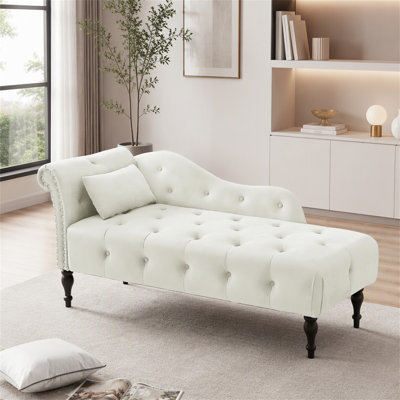 60,6 "Velours méridienne boutons capitonnés garnis de têtes de lit en bois massif avec 1 coussin, blanc (conception à accoudoir gauche)