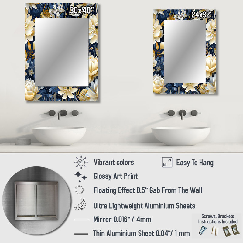 Blue Oasis Floral Blooming Garden - Floral Mirror Wall Decor, 32" x 24"