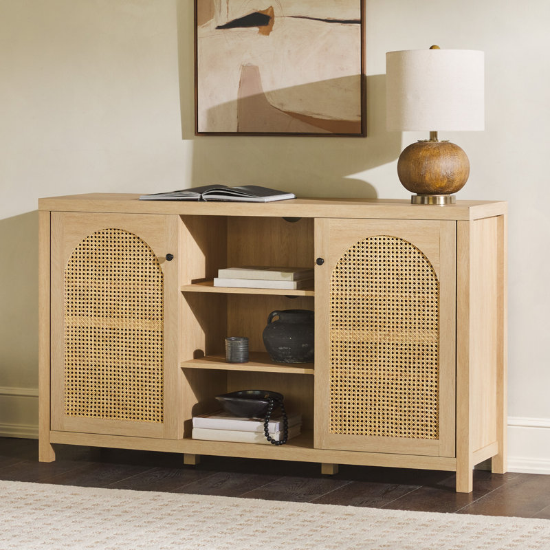 58" 2-Door Sideboard with Arched Rattan Panels, Coastal Oak