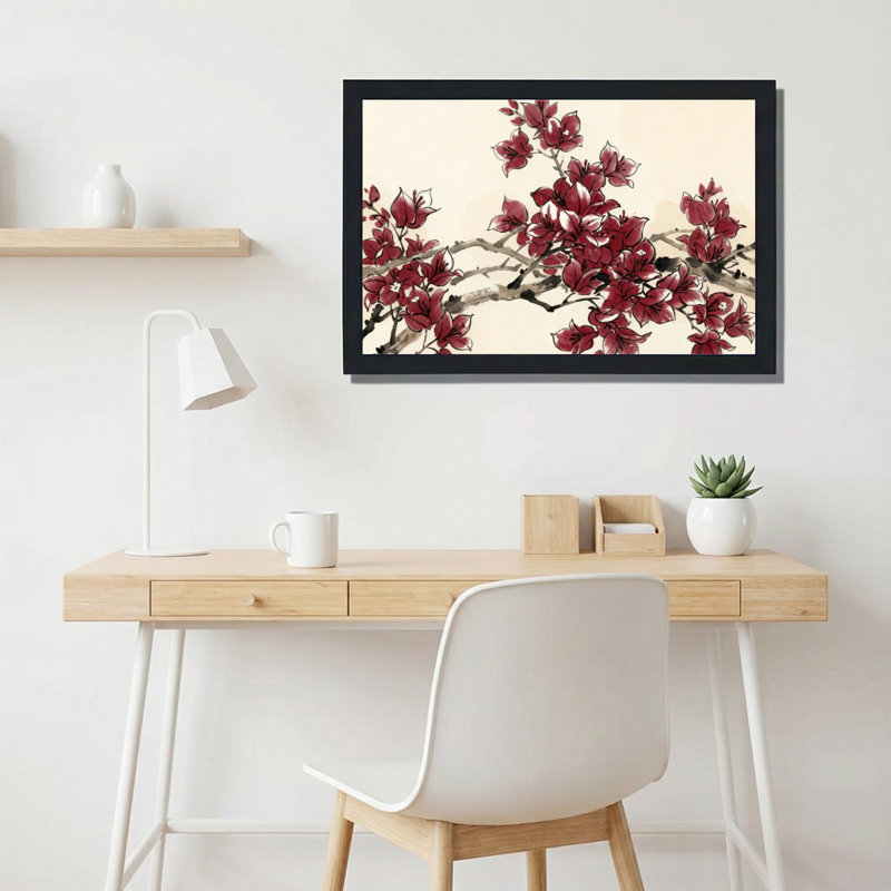 Tableau mural sur toile tendue représentant des branches de fleurs rouges (1 pièce), H 20 po x l 30 po
