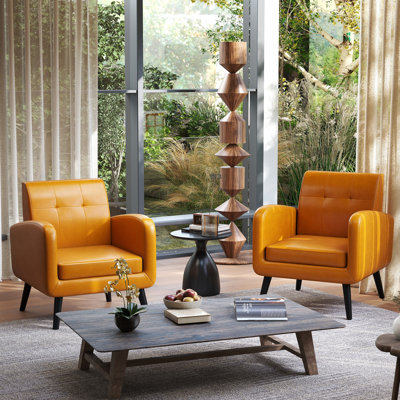  Chaise avec accoudoirs rembourrée et capitonnée de style Mid-Century 29,75 po avec pieds en bois d'hévéa (ensemble de 2)