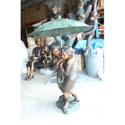Two Kids Holding an Umbrella Bronze Statue Fountain - Amadeus Vintage Sculpture, 90''HX 34''W X34''D