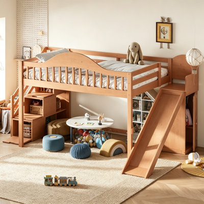 Lit mezzanine double avec escalier de rangement, glissade et garde-robe intégrée, garde-corps haut élégant, cadre de lit mezzanine en bois pour la chambre à coucher, les dortoirs, les invités. Noyer