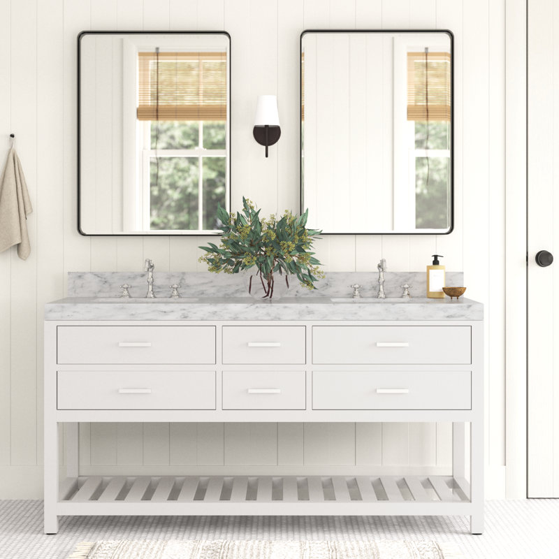 Ensemble de meuble-lavabo double 60 po Carrie, Blanc / nickel brossé, Marbre blanc de Carrare