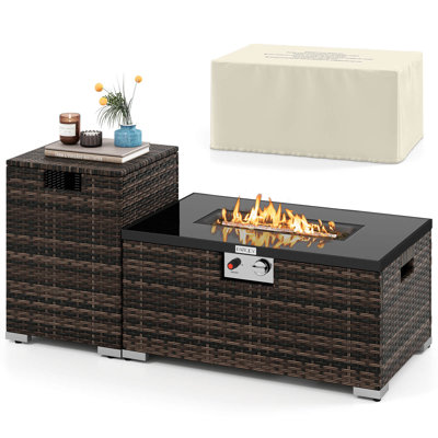 2 PCS Outdoor Rattan Fire Table Set with Tank Cover Tempered Glass Tabletop Brown