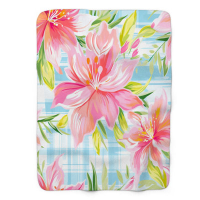 Plaid Watercolor Blossoms - 1 Piece Premium Sherpa Blanket
