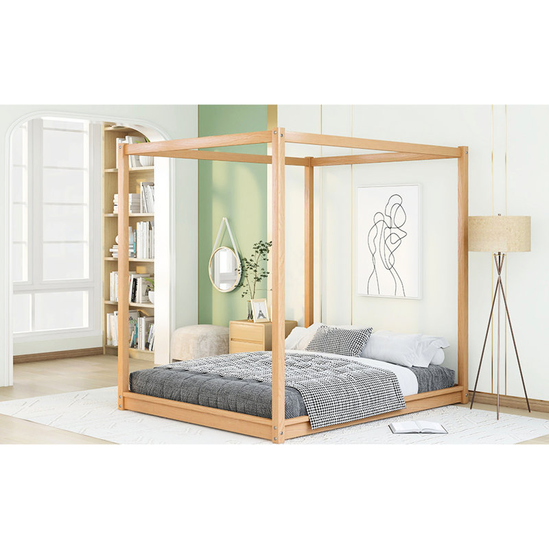 Grand lit à baldaquin naturel avec pieds de soutien - structure en bois de pin stable, configuration de matelas frais, baldaquin élégant, plateforme avec effet de refroidissement sous le lit, look de chambre à coucher moderne, air personnalisé