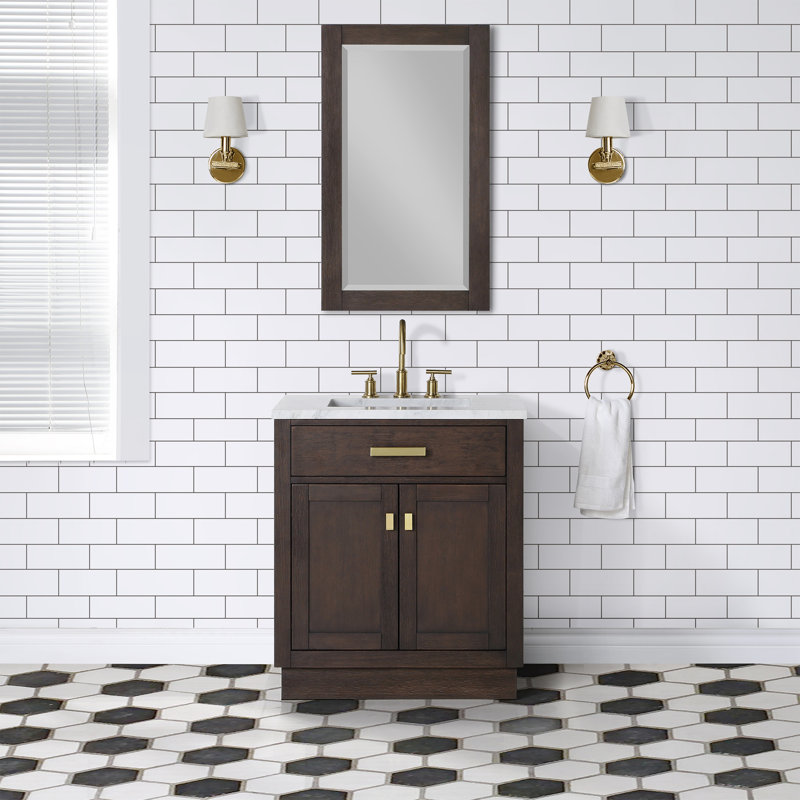 Meuble-lavabo de comptoir en marbre blanc Carrara de 30 po avec miroir Chesnut, Chêne brun