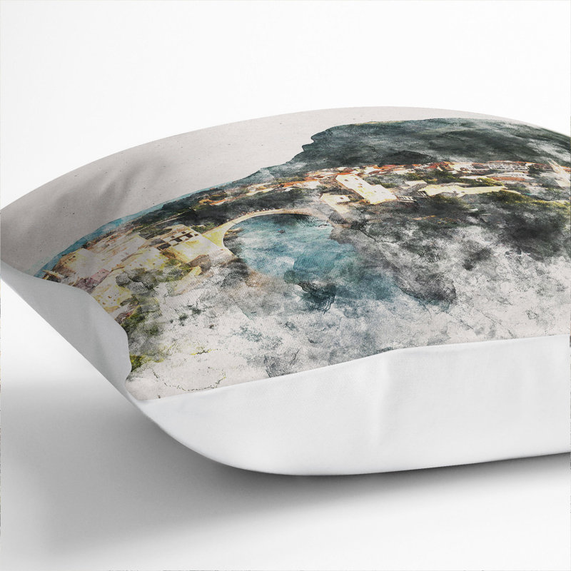 Skyline Of Mostar Square Throw Cushion, 40cm H x 40cm W x 15cm D, White
