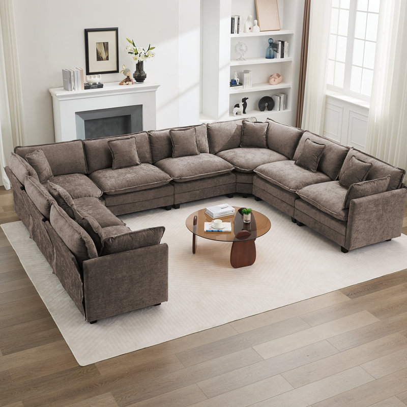 Canapé modulaire en chenille, Forme en U surdimensionnée, Brun