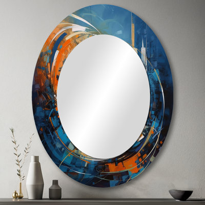 Orange And Blue Geometric Equilibrium IV - Modern Geometric Round Mirror Wall Decor_MTMIR61568