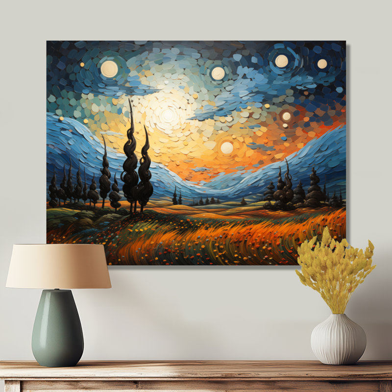 «The Swaying Cypress Pointillism XV - Vangogh», art mural traditionnel en métal, 30" H x 40" W