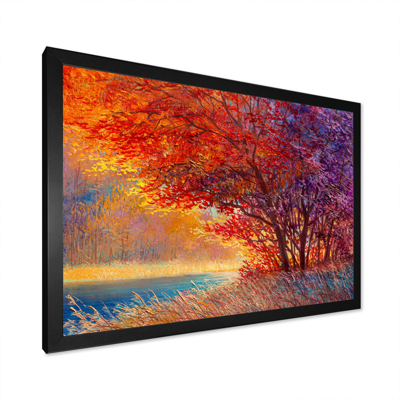 " Lake On Autumn Maple Forest ", Black Picture Framed, 8" H x 12" W x 1" D
