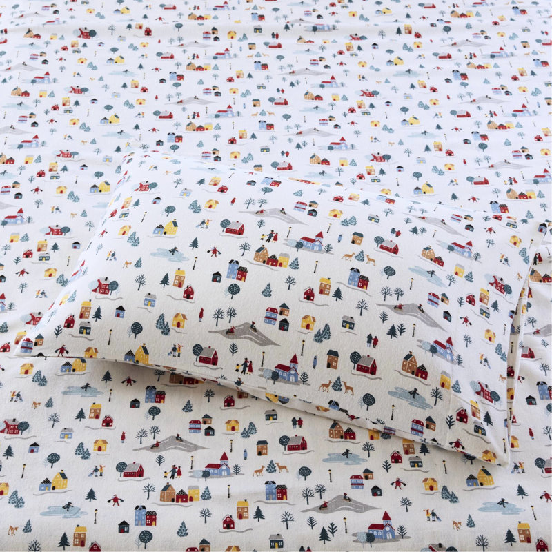 Ensemble de draps 4 pièces pour très grand lit, 100% flanelle de coton, imprimé blanc village, douillet et doux, lavable à la machine