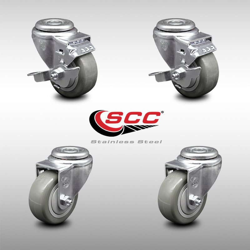 SS Polyurethane Wheel Swivel Bolt Hole Caster Set with 2 Brake SCC