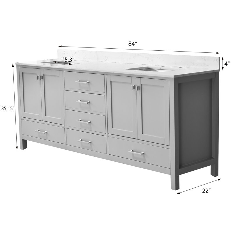 Meuble-lavabo double 84 po en bois massif gris avec plateau intégré