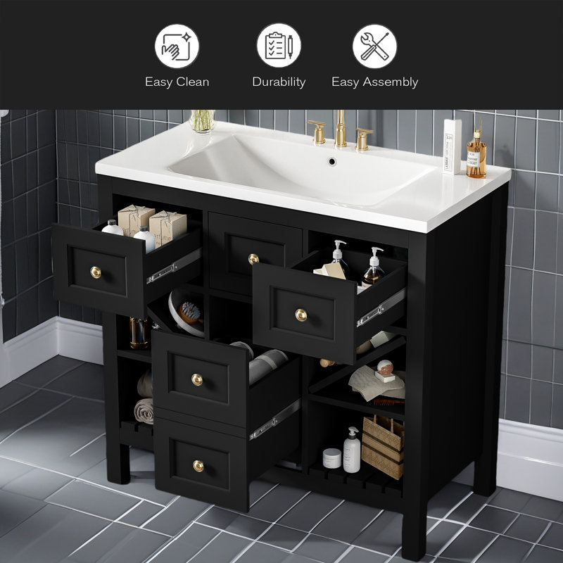 Meuble-lavabo de 36 po sans lavabo, armoire de rangement en bois massif, meuble-lavabo autoportant avec 5 tiroirs et portes à fermeture douce