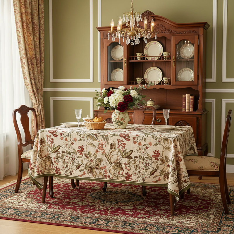 Bohemian Colorful Floral Linen Tablecloth 55"X71", Rectangular Wrinkle Resistant Decor