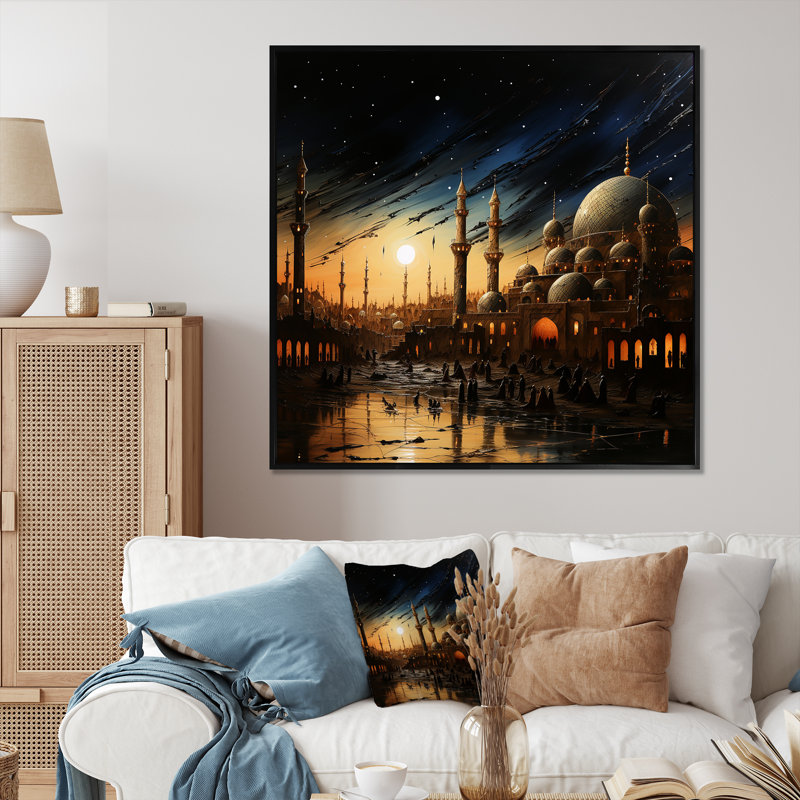 Coucher de soleil sur les festivités de l'Aïd à la mosquée - art mural, Cadre flottant noir, H 16 po x l 16 po