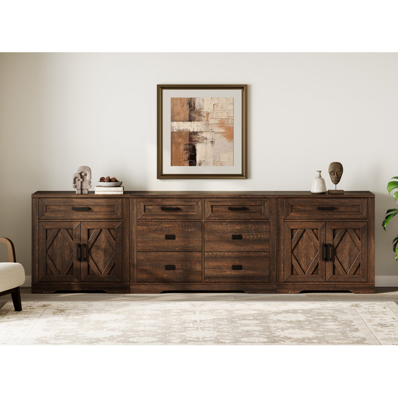Glenford 110.2"W Large Modern Farmhouse Office Storage Cabinet With Barn Doors & Drawers, Scratch-Resistant Tree Bark Finish
