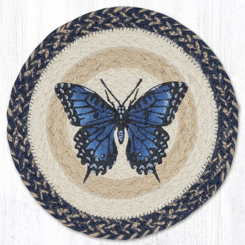  Trivet rond en jute à imprimé papillon bleu 10 po x 10 po