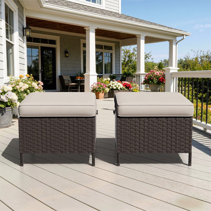 Repose-pieds d'extérieur en osier 2 pièces avec coussins 2 pièces, Beige